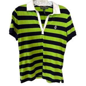 Lauren Ralph Lauren Women's Navy and Neon Green Short Sleeved Polo Shirt Size M